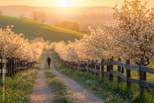 Spring countryside with blossoming trees and rustic path photo