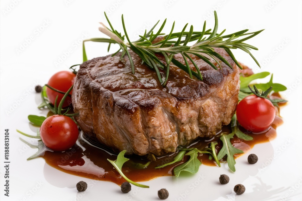Juicy grilled beef steak, rosemary sprig, cherry tomatoes, peppercorns, sauce drizzle, high-detail food photography, white background, professional lighting, mouth-watering, gourmet cuisine, close-up Juicy grilled beef steak, rosemary sprig, cherry tomatoes, peppercorns, sauce drizzle, high-detail food photography, white background, professional lighting, mouth-watering, gourmet cuisine, close-up