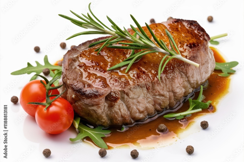Juicy grilled beef steak, rosemary sprig, cherry tomatoes, peppercorns, sauce drizzle, high-detail food photography, white background, professional lighting, mouth-watering, gourmet cuisine, close-up Juicy grilled beef steak, rosemary sprig, cherry tomatoes, peppercorns, sauce drizzle, high-detail food photography, white background, professional lighting, mouth-watering, gourmet cuisine, close-up