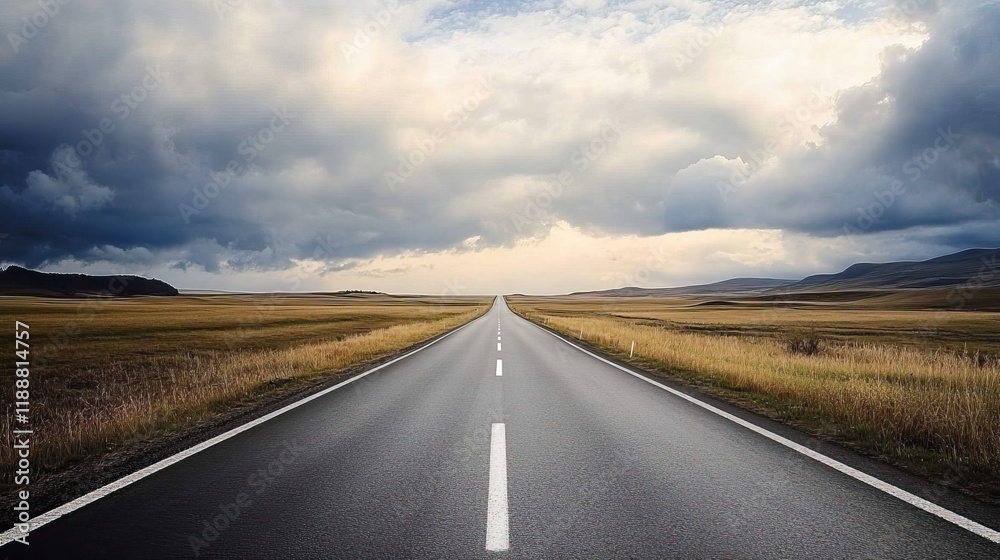 Naklejka premium Straight Road Leading into Distance, Open Fields on Both Sides, Cloudy Skies, Smooth Asphalt, Vastness, Freedom, Driving, Walking, Simplicity in Design, Clear Path to Goals, Endless Possibilities
