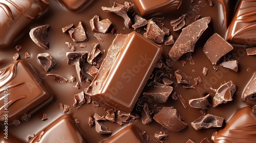 Broken chocolate bar texture crumbs concept. A close-up of rich chocolate pieces and shavings, creating a decadent and indulgent visual experience.