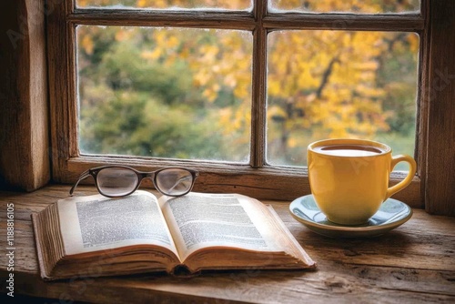Open book with a cup of tea on a rustic table by a sunny window