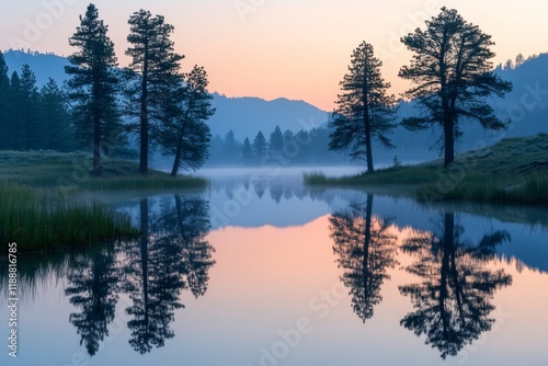 Forest reflected in a misty lake at sunrise