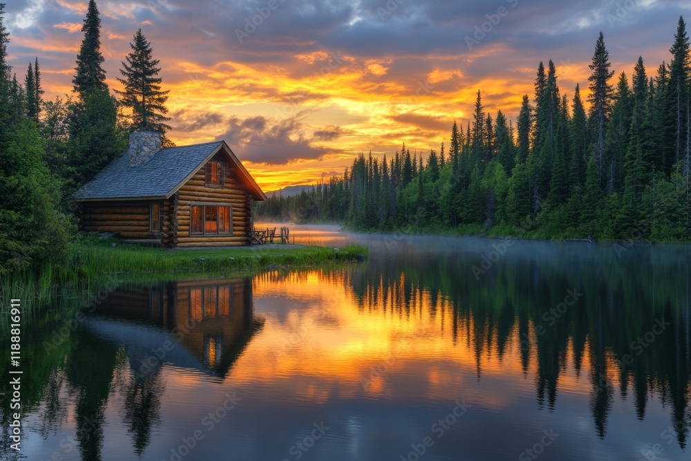 Fototapeta premium Lakeside cabin surrounded by forest reflecting in calm water at sunset