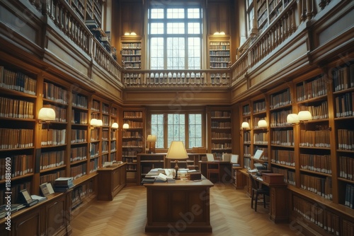 Grand library interior with tall shelves and warm light