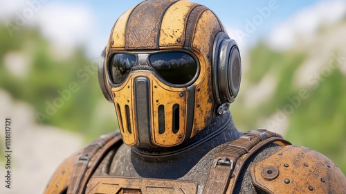 Rusty Retro-Futuristic Warrior: A weathered, yellow-striped helmet and armor.