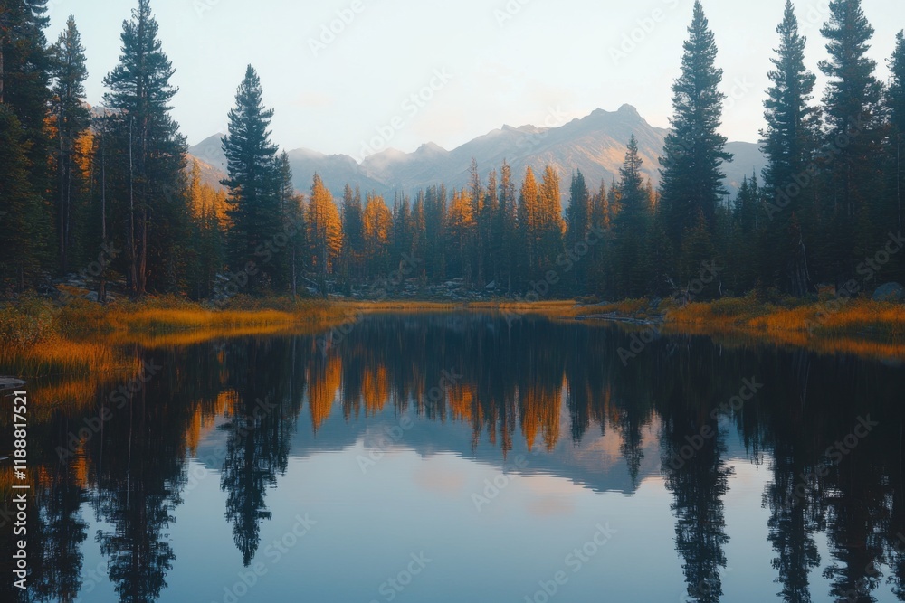 Fototapeta premium Cabin by a tranquil lake surrounded by a lush forest at sunset