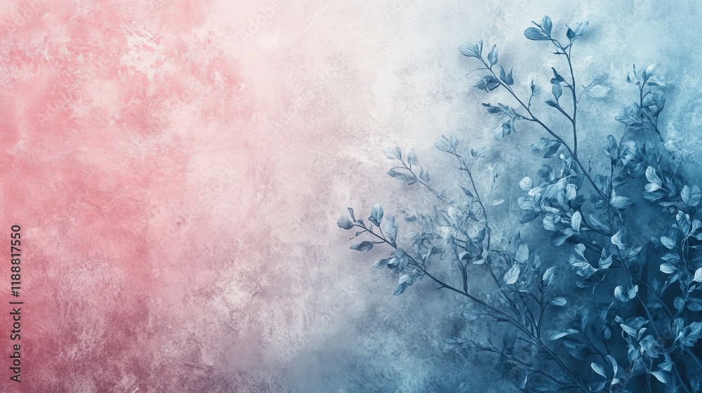 Obraz premium Vibrant Blue and Pink Background with Delicate Leaves Creating a Calm and Artistic Visual Atmosphere