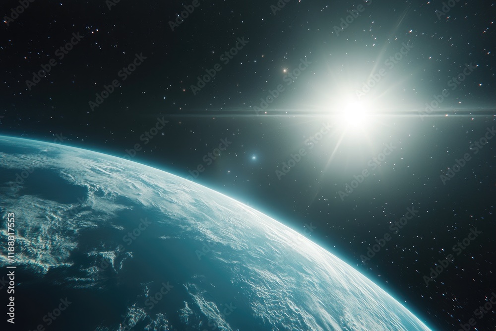 Obraz premium A realistic photograph of the Earth in space, with stars and galaxies around it. The planet is a blue-greenish color with swirling clouds on its surface. In front of the Earth, there is a small, 