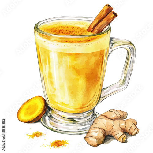 A watercolor vector painting of a turmeric latte, isolated on a white background. Turmeric latte vector.

