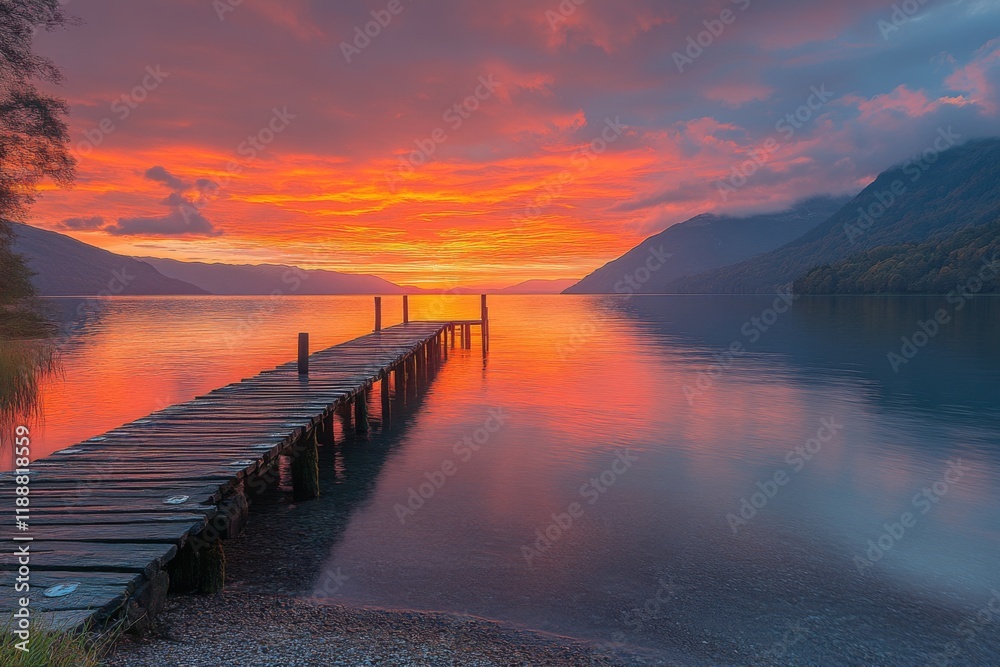 Fototapeta premium Wooden pier over calm water during a vibrant sunset