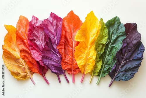 Collection of colorful autumn leaves arranged in a row
