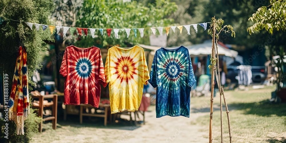 Naklejka premium Vibrant Tie Dye T Shirts Hanging Outdoors on Sunny Day Summer Fashion