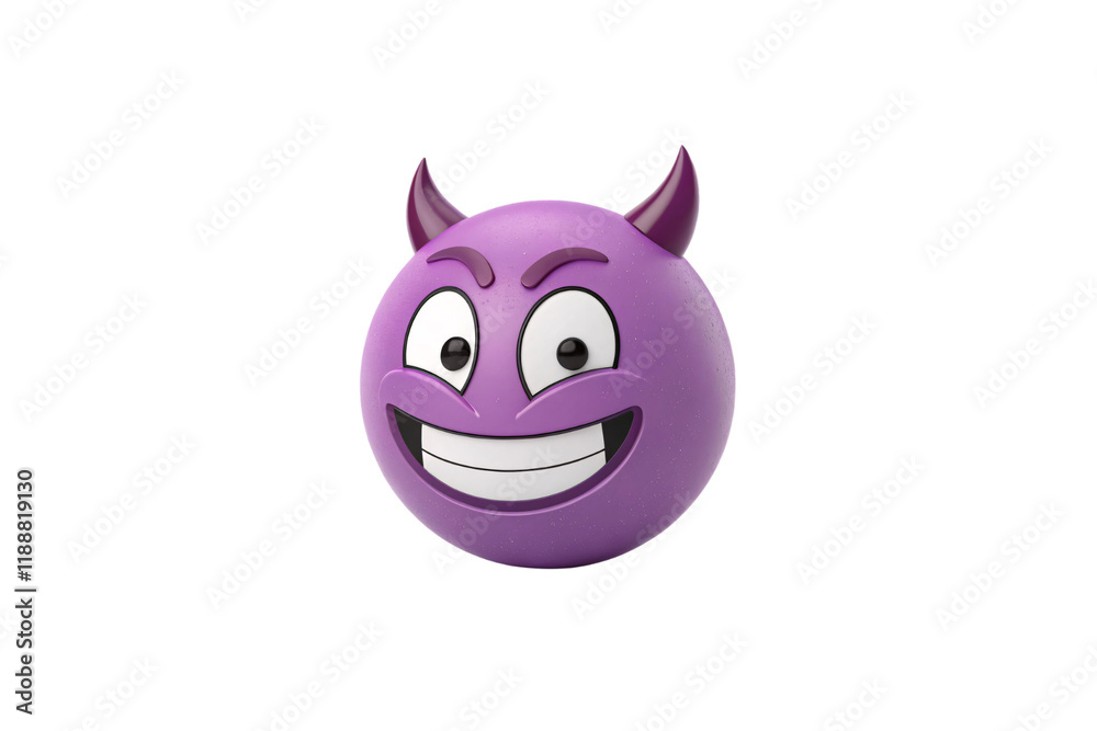 Playful purple devil face emoji with a mischievous grin and prominent horns, isolated on a transparent background Playful purple devil face emoji with a mischievous grin and prominent horns, isolated on a transparent background