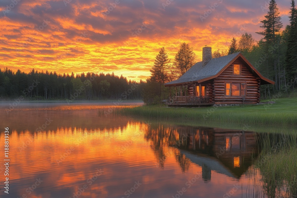Fototapeta premium Wooden cabin reflecting on a calm lake surrounded by trees at sunset