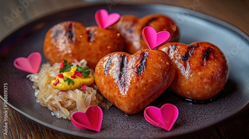 American food concept for Valentine's Day. Heart-shaped snacks on a plate with colorful decorations and garnish