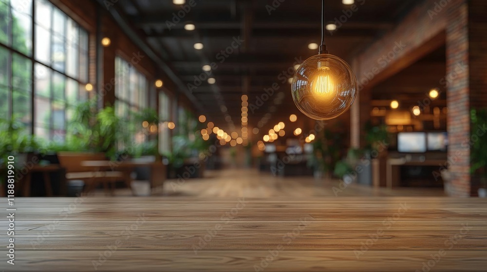 Rustic Wooden Table in a Warmly Lit Loft Workspace