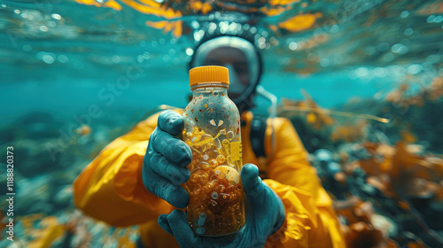 A scientist holding a test tube full of microplastics collected from the Sea. Water pollution and industrial waste management. plastic pollution. global warming.