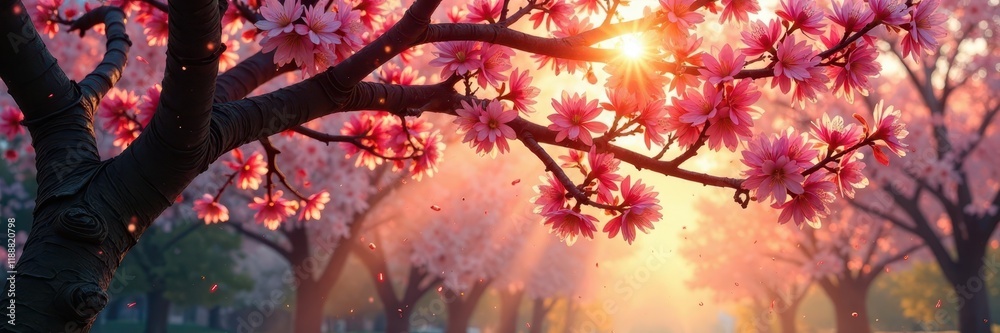 Fototapeta premium Exploding tree blossoms, sun rays bursting through, golden, flower