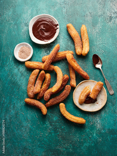 Delicious churros are arranged on a teal surface, accompanied by chocolate sauce and sugar for dipping, showcasing a tempting dessert display photo