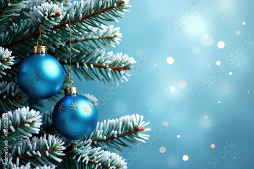 Frosted pine boughs, blue ornaments, snowflakes , background, decoration