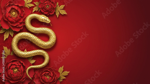 Golden snake coiled among vibrant red peonies on a red background with ornate floral patterns. A luxurious, elegant composition celebrating the Year of the Snake.