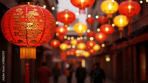Red Chinese lanterns adorned with intricate golden snake designs, glowing brightly in a blurred outdoor street scene during Chinese New Year celebrations.