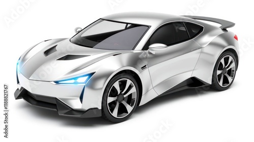 Silver Futuristic Car in a Side Profile View on a White Background