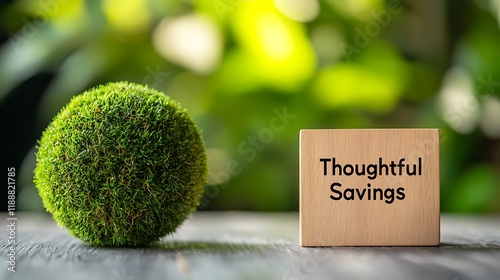 Creative finance concept featuring green moss ball and 'Thoughtful Savings' wooden block, symbolizing eco-friendly investment.