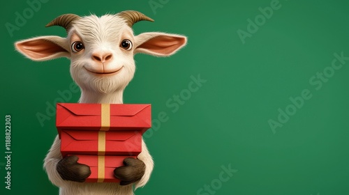 Adorable goat carrying three gifts; festive cheer! photo