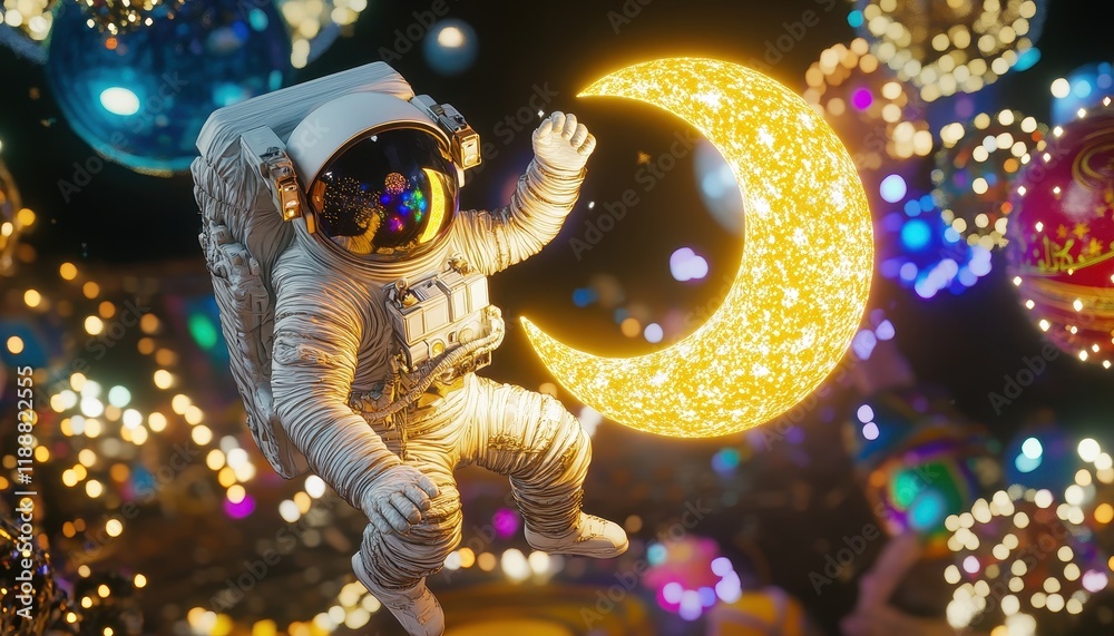 Astronaut Joyride on Illuminated Crescent Moon Amidst Festive Lights Astronaut Joyride on Illuminated Crescent Moon Amidst Festive Lights