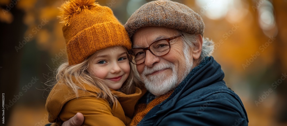 Obraz premium Grandpa hugs granddaughter in autumn park