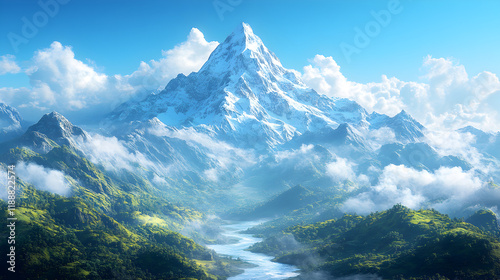 A majestic snow-capped mountain surrounded by lush green valleys and a flowing river.