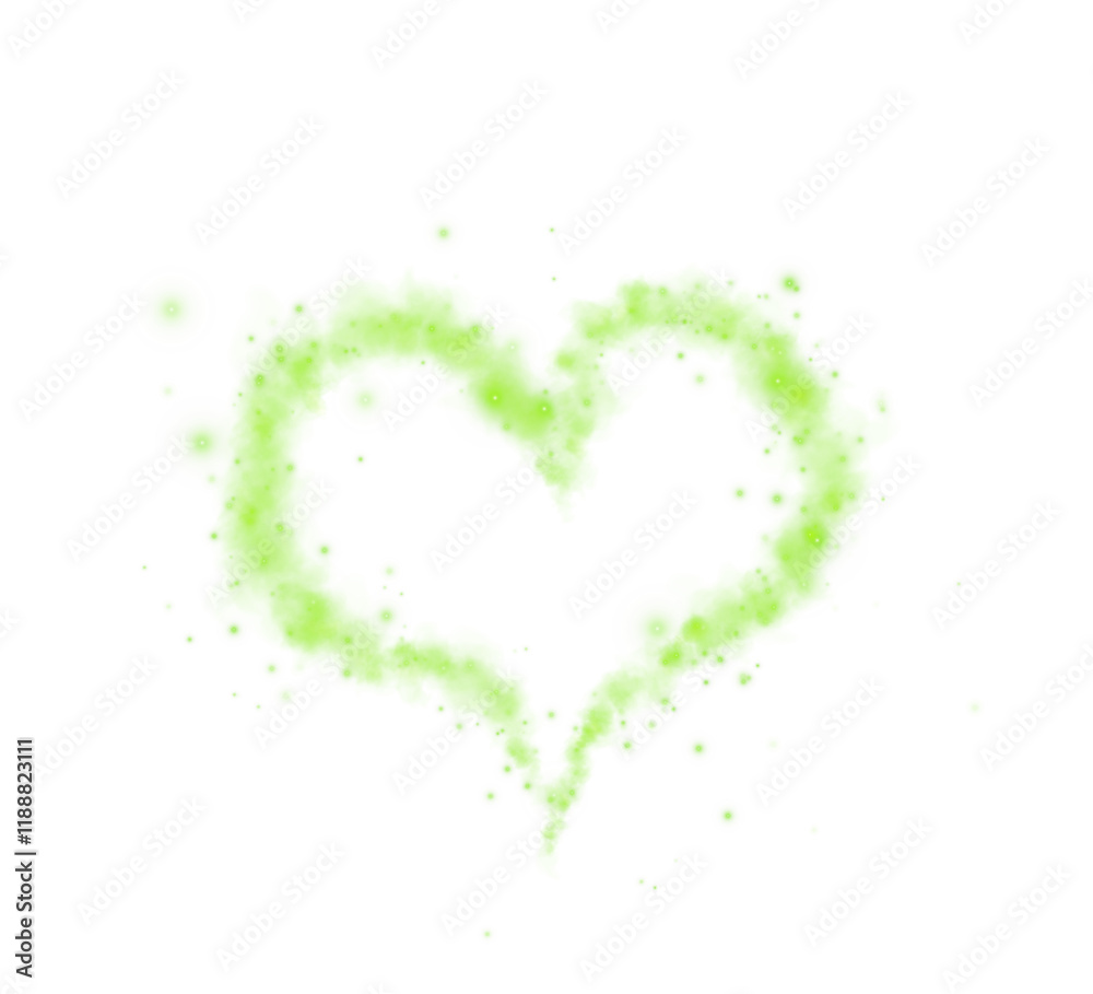 Green star trail in the shape of a heart. Shimmering dust flying and leaving behind a heart-shaped trail. Bright dust particles glow with the special festive light of Christmas. PNG. Green star trail in the shape of a heart. Shimmering dust flying and leaving behind a heart-shaped trail. Bright dust particles glow with the special festive light of Christmas. PNG.