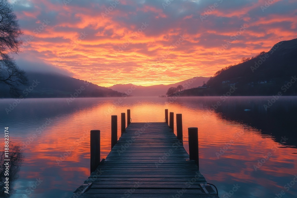 Obraz premium Dock over a tranquil lake at sunset with vivid orange skies