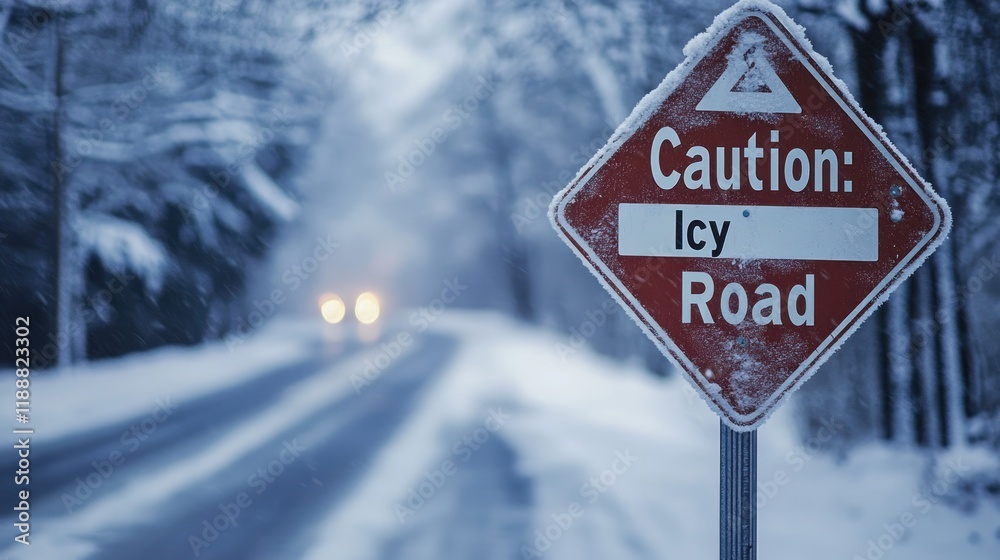 Snowy road caution sign with icy road warning. Snowy road caution sign with icy road warning.