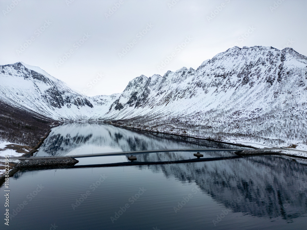 Fototapeta premium Aerial shot of architecture and nature in Norway, reflective water surface
