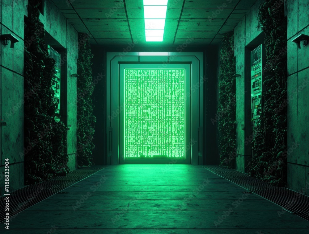 Obraz premium Futuristic Corridor with Neon Green Lights and Matrix Code Display