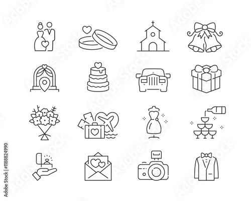 Icon collection containing 16 editable stroke icons. Perfect for logos, stats and infographics. Edit the thickness of the line in Adobe Illustrator (or any vector capable app).
