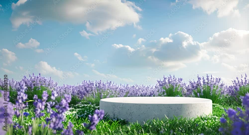 Serene outdoor garden featuring circular platform surrounded by vibrant lavender flowers under bright blue sky in spring nature.