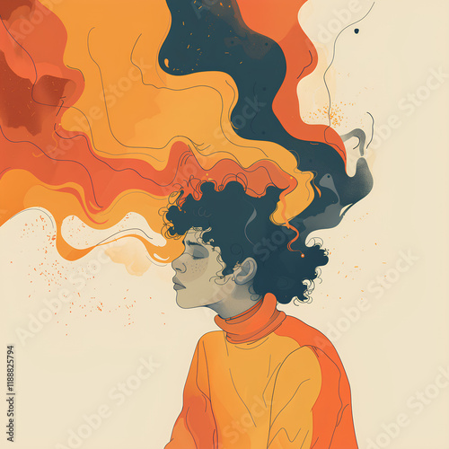 A young girl struggling with past emotional feelings recovering from damage abstract artwork