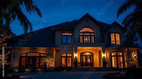 Luxury Dream Home at Night: A Captivating Architectural Masterpiece photo