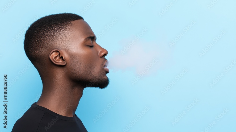 A side profile of a man exhaling smoke against a light blue background, showcasing a moment of calm and contemplation. A side profile of a man exhaling smoke against a light blue background, showcasing a moment of calm and contemplation.
