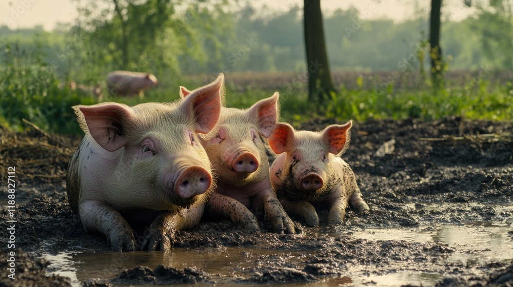 Three pink pigs relaxing in mud puddle. Three pink pigs relaxing in mud puddle.