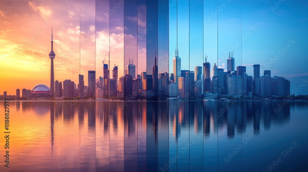 Fototapeta premium Toronto skyline timelapse, showcasing city's reflection in water throughout day's changing light.