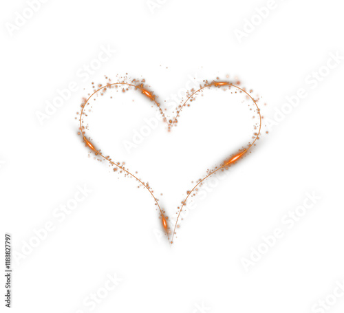 Orange star trail in the shape of a heart. Shimmering dust flying and leaving behind a heart-shaped trail. Bright dust particles glow with the special festive light of Christmas. PNG.  