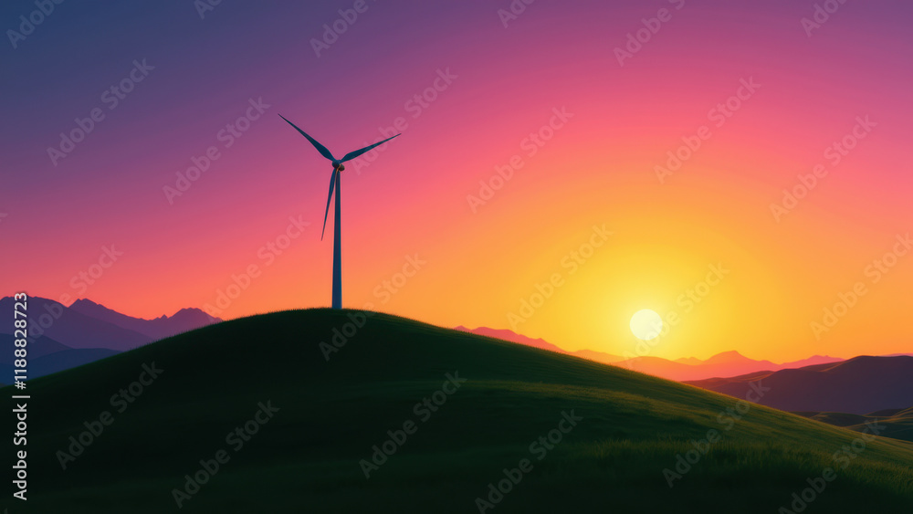 Obraz premium A scenic view of a wind turbine at sunset, symbolizing sustainable green energy.