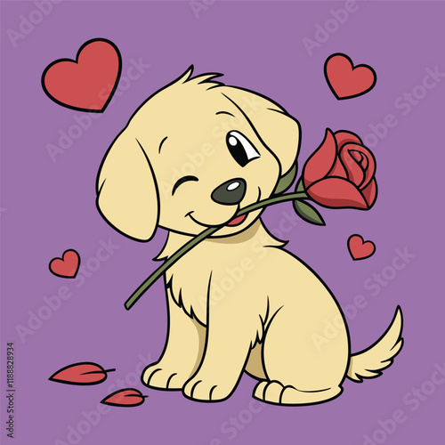 Cute Golden Retriever Puppy Holding a Rose, Perfect for Valentine's Day