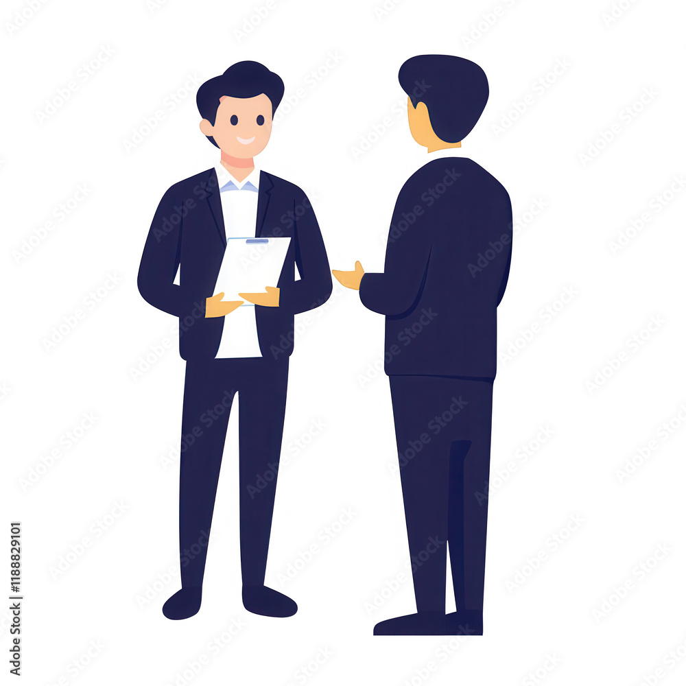 Two professionals engaged in a discussion and exchanging important documents., isolated on a transparent background. Two professionals engaged in a discussion and exchanging important documents., isolated on a transparent background.