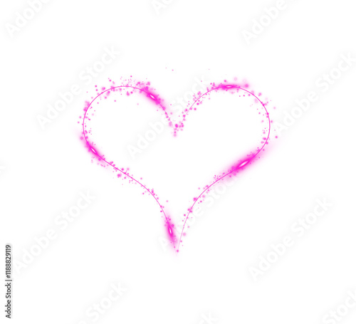 Pink star trail in the shape of a heart. Shimmering dust flying and leaving behind a heart-shaped trail. Bright dust particles glow with the special festive light of Christmas. PNG. 